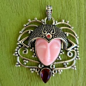 New Carved Pink Goddess Face Garnet 925 Silver Pendant.